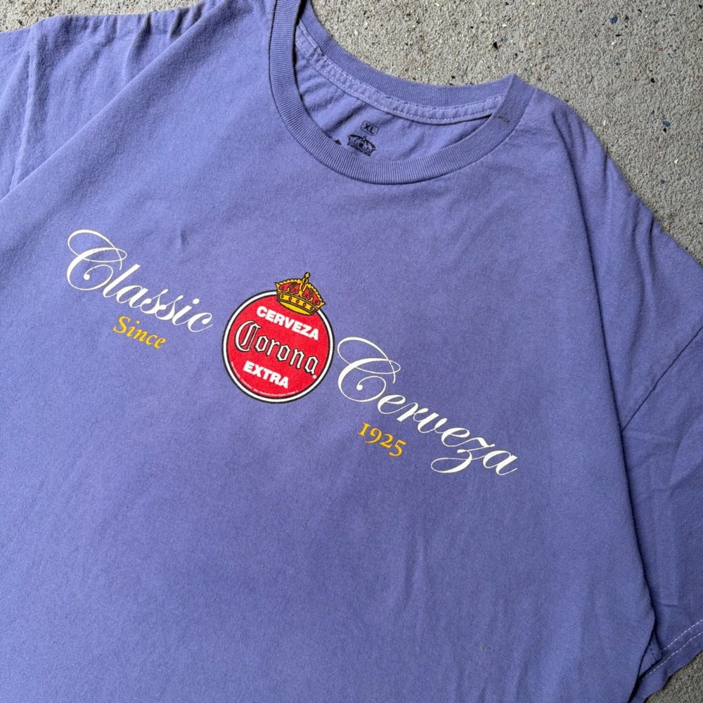 Corona Extra Beer Graphic T-Shirt Mens XL Purple Short Sleeve Cerveza Logo Tee